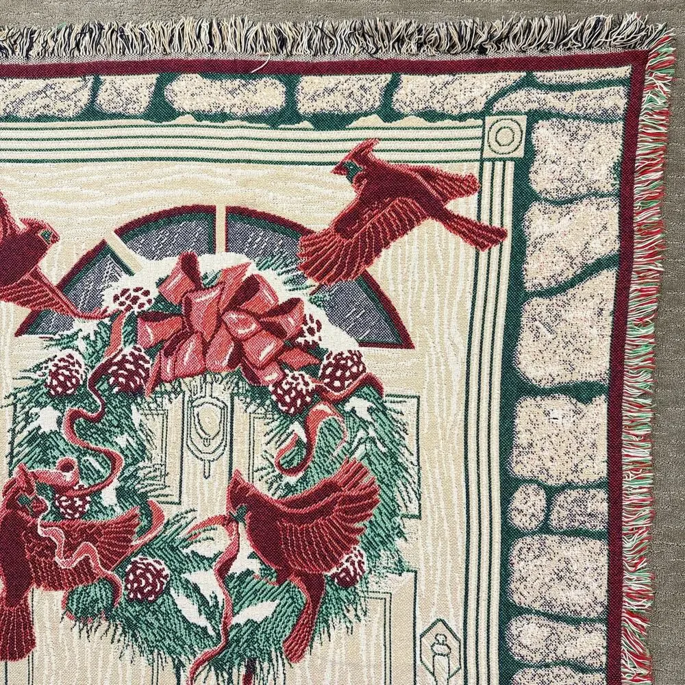 Vintage MWW 1993 Christmas Woven Tapestry Throw Blanket Wreath Cardinals 48 x 66